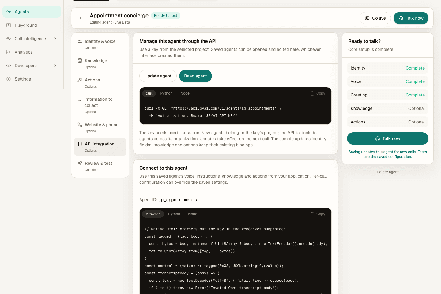 Actual PyAI Console showing the agent API and a request example with sample data